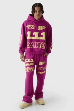 Shop boohooMAN Oversized Boxy Moto Puff Print Wash Hooded Tracksuit burgundy