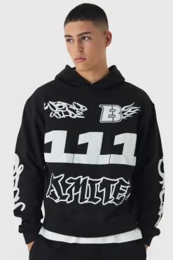 Sale boohooMAN Oversized Boxy Moto Puff Print Hoodie black