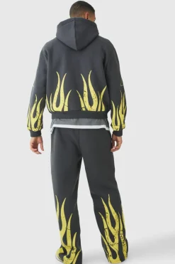 Flash Sale boohooMAN Oversized Boxy Moto Racing Flame Zip Through Hoodie charcoal