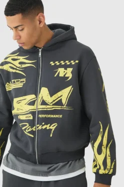 Flash Sale boohooMAN Oversized Boxy Moto Racing Flame Zip Through Hoodie charcoal