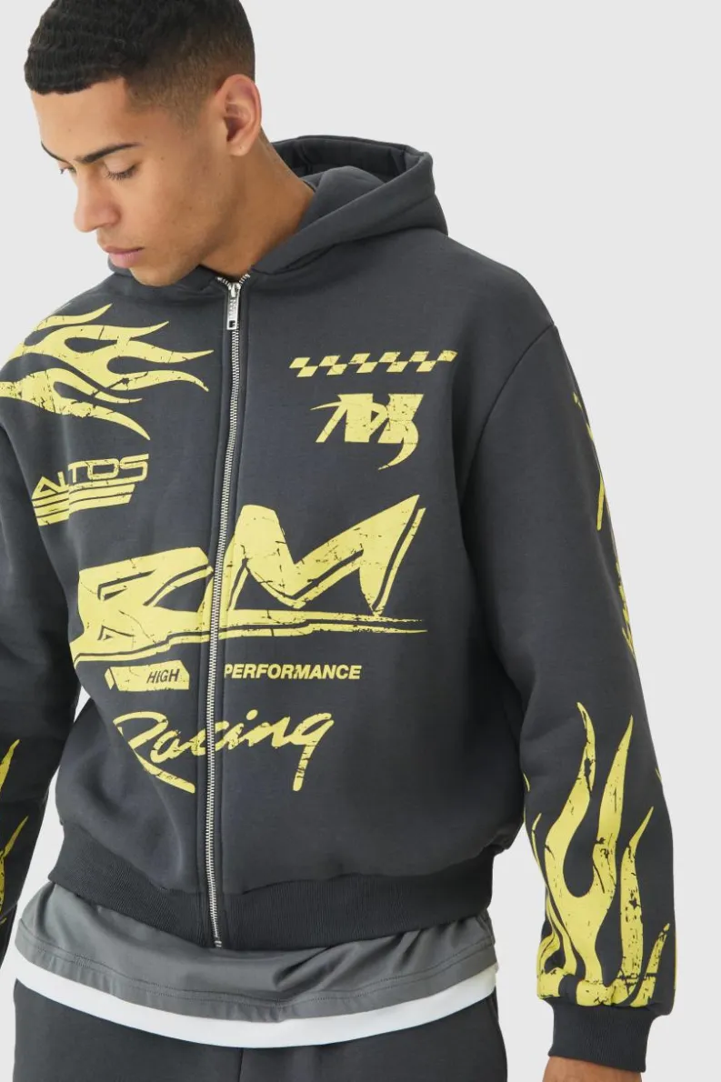Flash Sale boohooMAN Oversized Boxy Moto Racing Flame Zip Through Hoodie charcoal