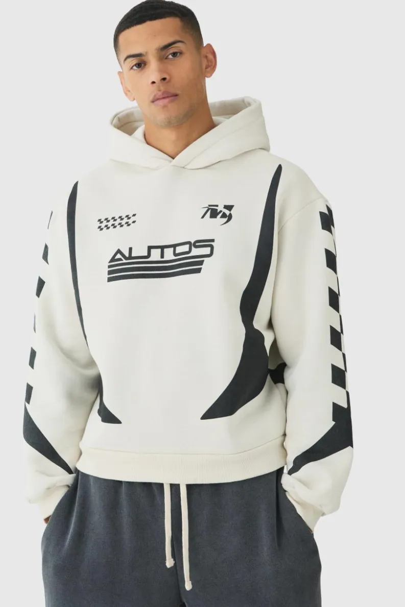 Cheap boohooMAN Oversized Boxy Moto Racing Hoodie white