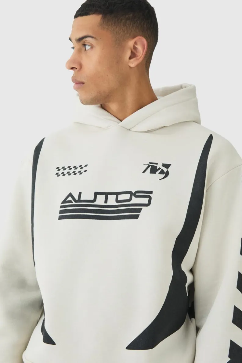 Cheap boohooMAN Oversized Boxy Moto Racing Hoodie white