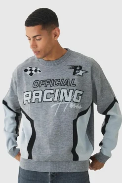 Hot boohooMAN Oversized Boxy Moto Racing Knitted Jumper grey