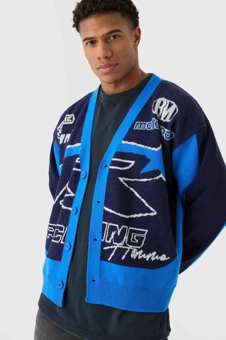 Discount boohooMAN Oversized Boxy Moto Racing Knitted Cardigan cobalt