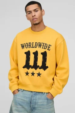 New boohooMAN Oversized Boxy Moto Raw Edge Applique Sweatshirt yellow