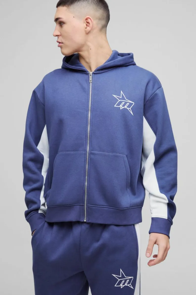 Flash Sale boohooMAN Oversized Boxy M Star Panelled Zip Through Hoodie navy