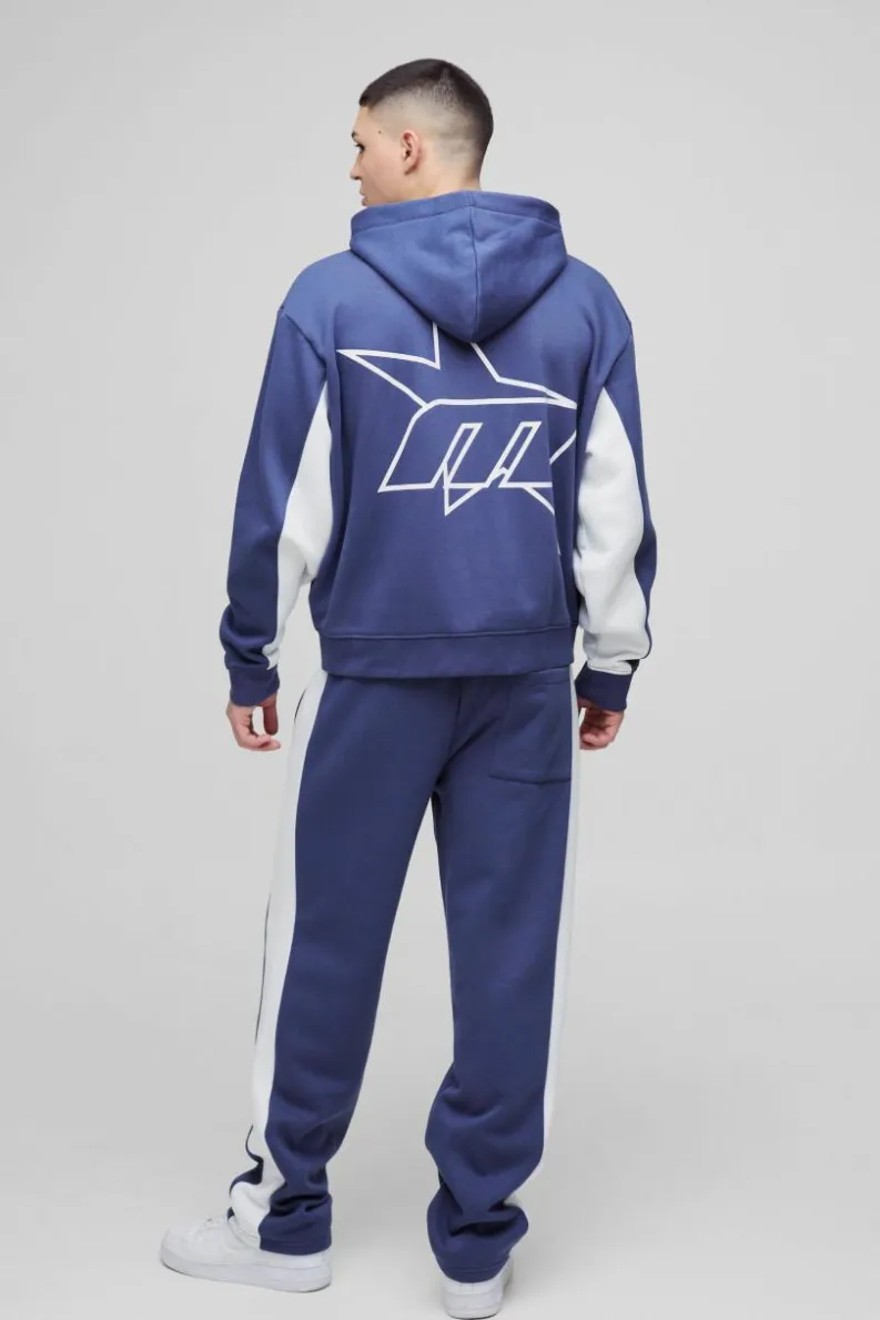 Flash Sale boohooMAN Oversized Boxy M Star Panelled Zip Through Hoodie navy