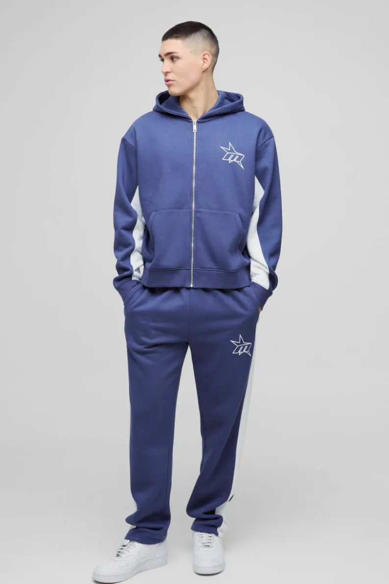 Flash Sale boohooMAN Oversized Boxy M Star Panelled Zip Through Hoodie navy