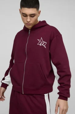 New boohooMAN Oversized Boxy M Star Panelled Zip Through Hoodie burgundy