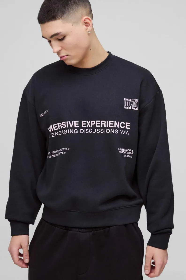 Cheap boohooMAN Oversized Boxy Multi Branded Print Sweatshirt black