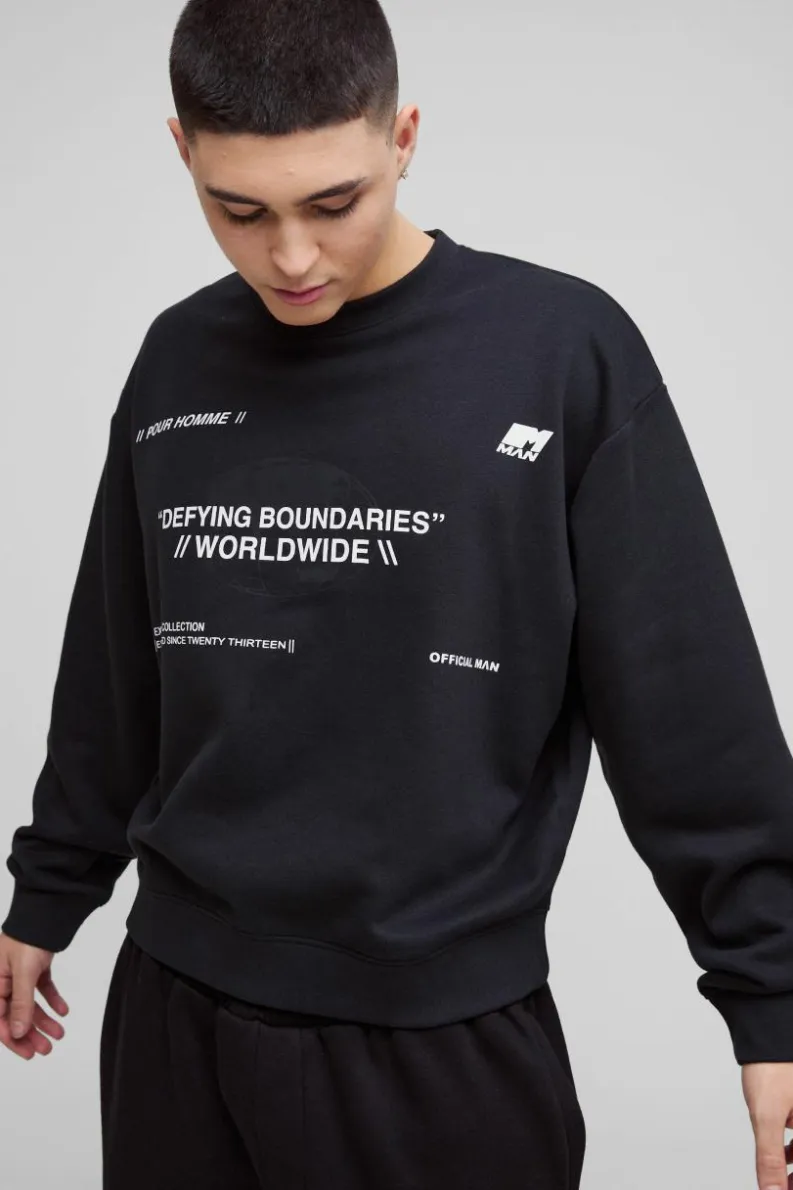 New boohooMAN Oversized Boxy Multi Branded Print Sweatshirt black