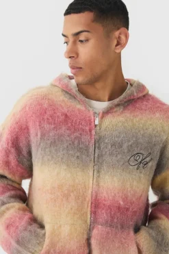 New boohooMAN Oversized Boxy OFCL Brushed Ombre Stripe Knitted Zip Through Hoodie red