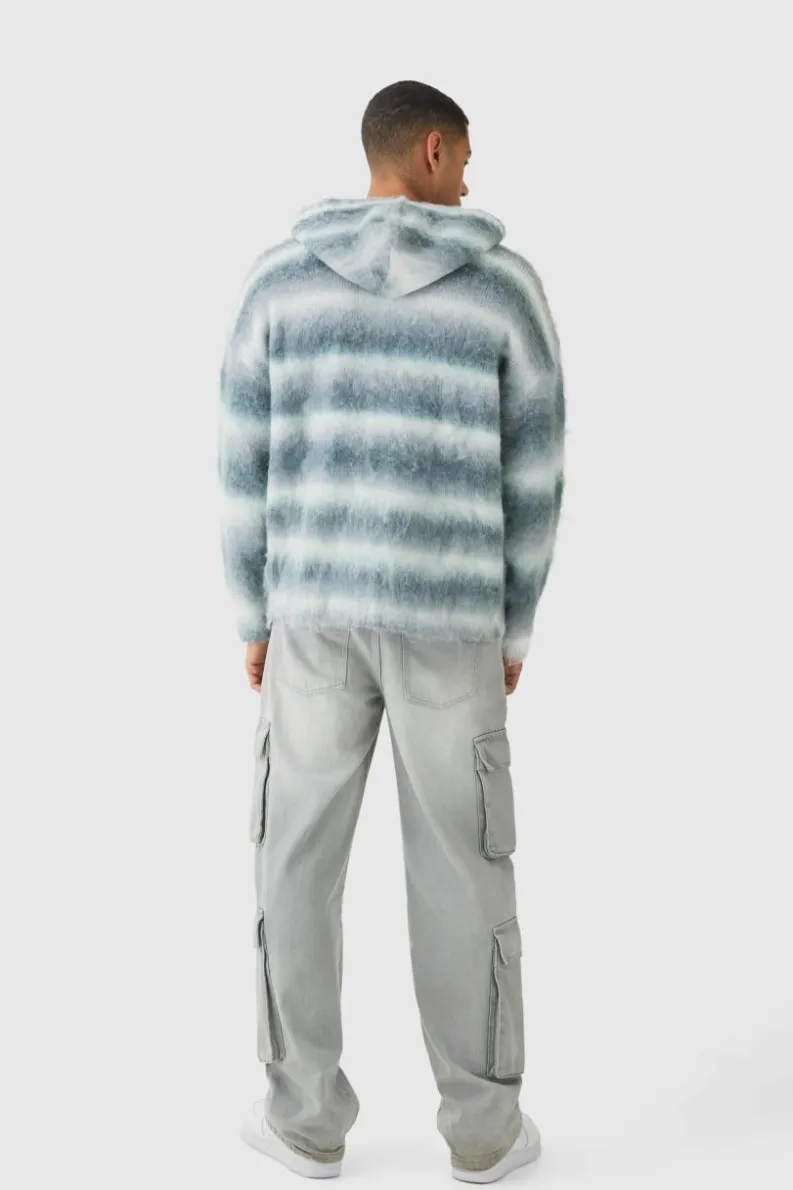 Outlet boohooMAN Oversized Boxy OFCL Brushed Ombre Stripe Knitted Zip Through Embroidered Hoodie light grey