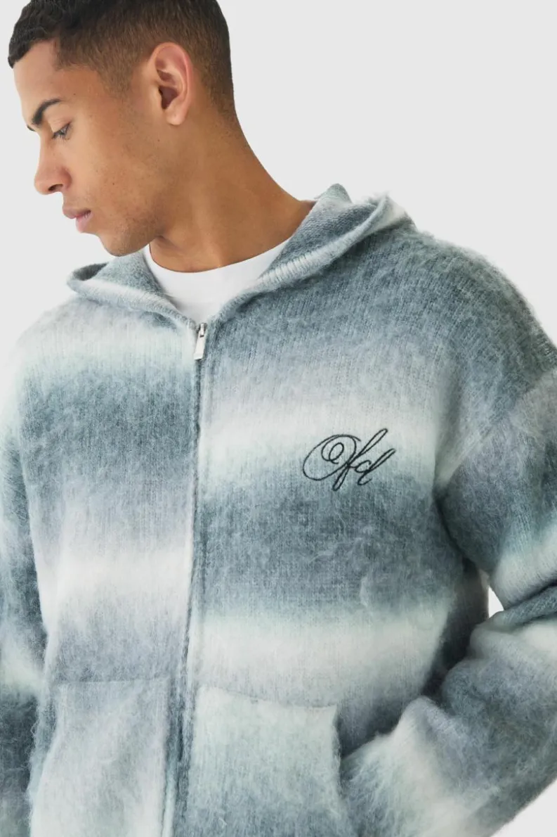 Outlet boohooMAN Oversized Boxy OFCL Brushed Ombre Stripe Knitted Zip Through Embroidered Hoodie light grey