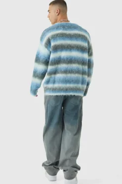 Cheap boohooMAN Oversized Boxy OFCL Brushed Ombre Stripe Knitted Embroidered Cardigan light blue