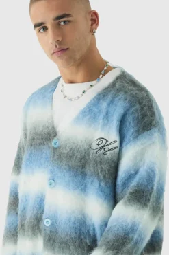 Cheap boohooMAN Oversized Boxy OFCL Brushed Ombre Stripe Knitted Embroidered Cardigan light blue