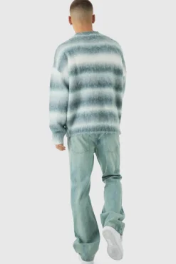 Online boohooMAN Oversized Boxy OFCL Brushed Ombre Stripe Knitted Embroidered Jumper light grey