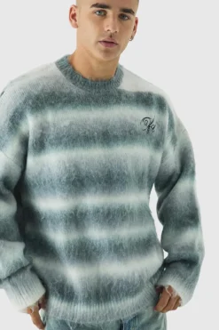 Online boohooMAN Oversized Boxy OFCL Brushed Ombre Stripe Knitted Embroidered Jumper light grey