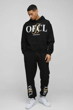Cheap boohooMAN Oversized Boxy Ofcl Print Hooded Tracksuit black