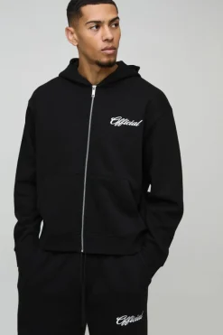 Hot boohooMAN Oversized Boxy Official Embroidery Zip Through Tracksuit black