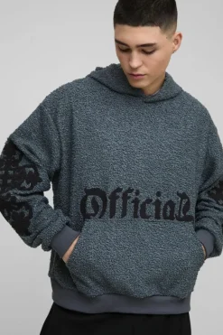 Cheap boohooMAN Oversized Boxy Official Goth Cross Boucle Borg Hoodie charcoal