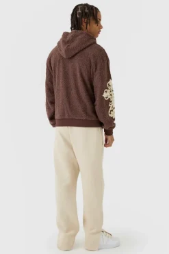 Best Sale boohooMAN Oversized Boxy Official Goth Cross Boucle Borg Hoodie brown