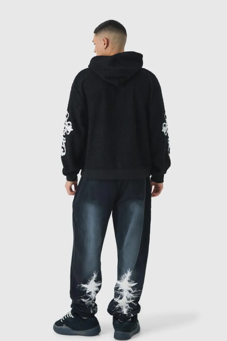 Outlet boohooMAN Oversized Boxy Official Goth Cross Boucle Borg Hoodie black