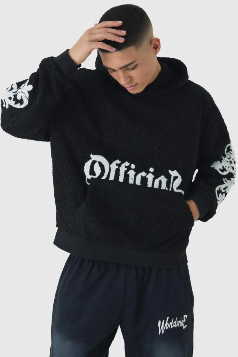 Outlet boohooMAN Oversized Boxy Official Goth Cross Boucle Borg Hoodie black