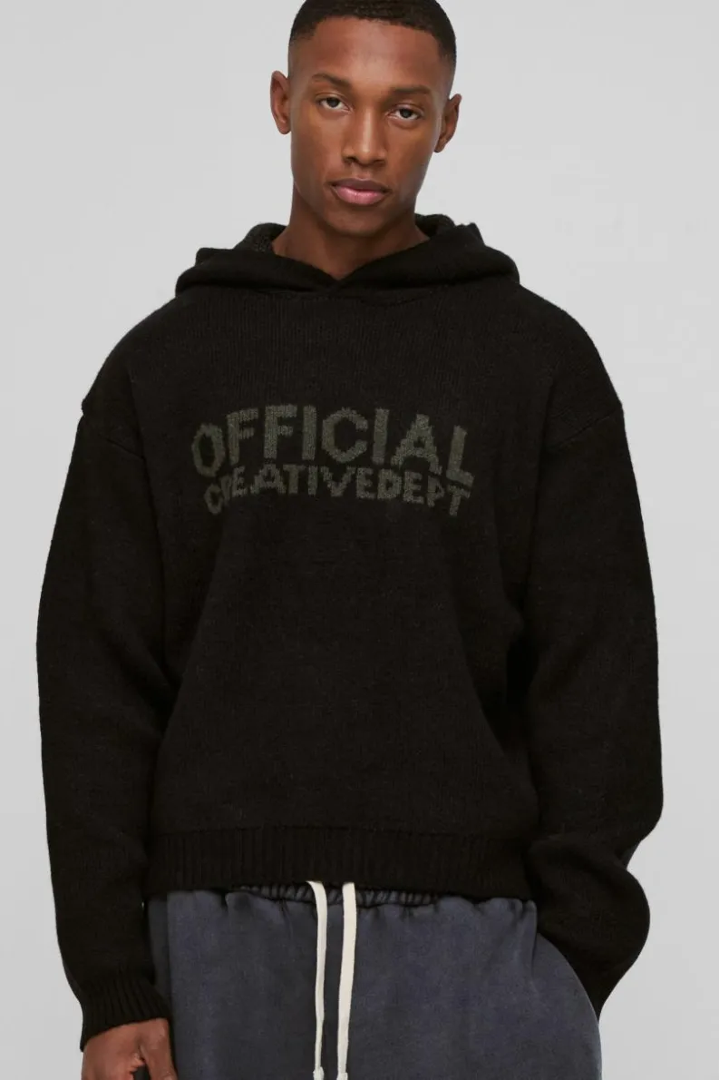 Sale boohooMAN Oversized Boxy Official Slogan Knit Hoodie black