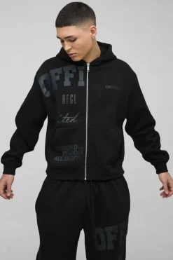 Clearance boohooMAN Oversized Boxy Official Tonal Print Zip Hooded Tracksuit black