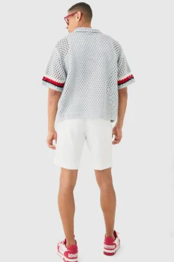 Best Sale boohooMAN Oversized Boxy Open Knit Abstract Stripe Shirt grey