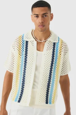 Best Sale boohooMAN Oversized Boxy Open Stitch Placement Stripe Knit Shirt white