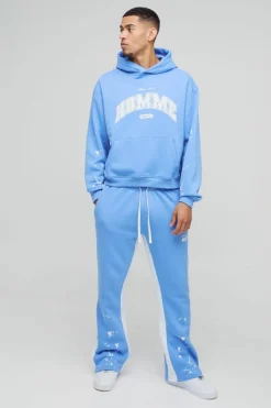 Online boohooMAN Oversized Boxy Paint Splatter Homme Gusset Tracksuit light blue