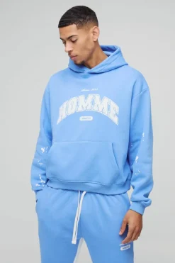 Online boohooMAN Oversized Boxy Paint Splatter Homme Gusset Tracksuit light blue