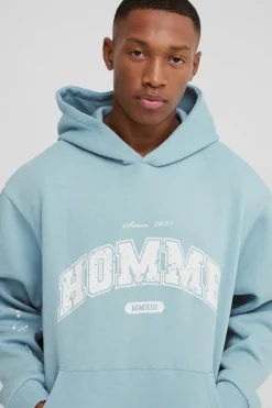 Best boohooMAN Oversized Boxy Paint Splatter Homme Hoodie light blue