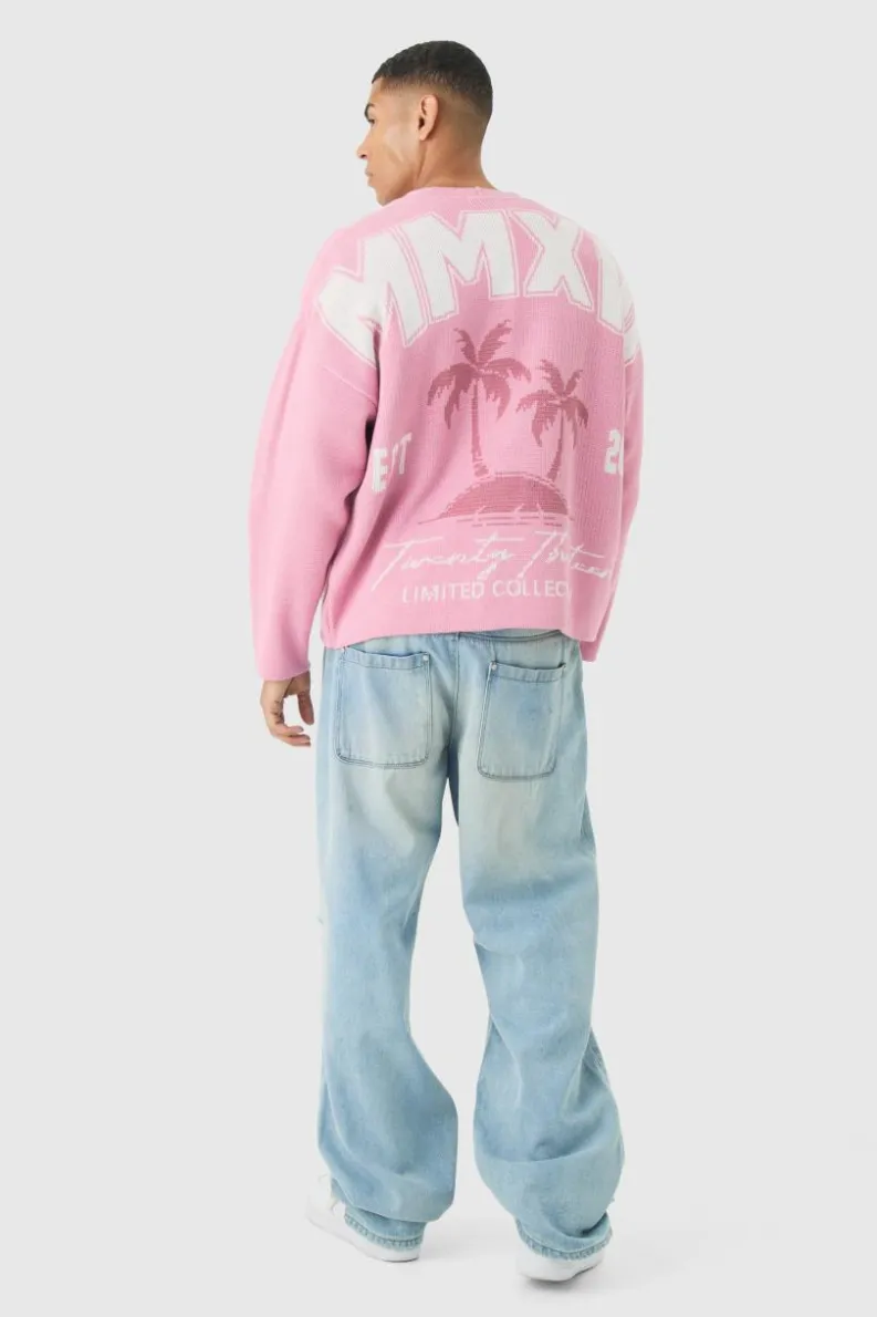 Best Sale boohooMAN Oversized Boxy Palm Graphic Cardigan in pink