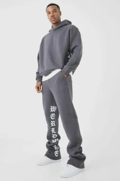 Shop boohooMAN Oversized Boxy Printed Flared Tracksuit grey