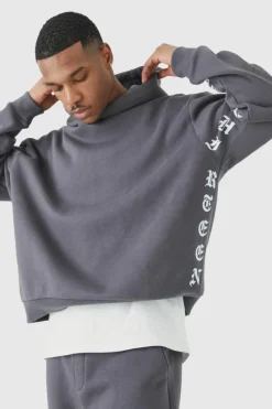 Shop boohooMAN Oversized Boxy Printed Flared Tracksuit grey