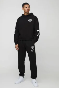 Cheap boohooMAN Oversized Boxy 7 Print Hooded Tracksuit black