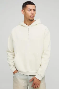 Hot boohooMAN Oversized Boxy Quarter Zip Washed Hoodie stone