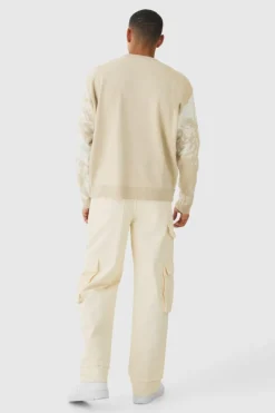 Discount boohooMAN Oversized Boxy Renaissance Graphic Knit Jumper stone