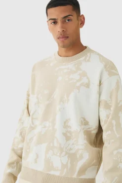 Discount boohooMAN Oversized Boxy Renaissance Graphic Knit Jumper stone