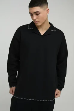 Outlet boohooMAN Oversized Boxy Revere Blanket Stitch Polo Sweatshirt black