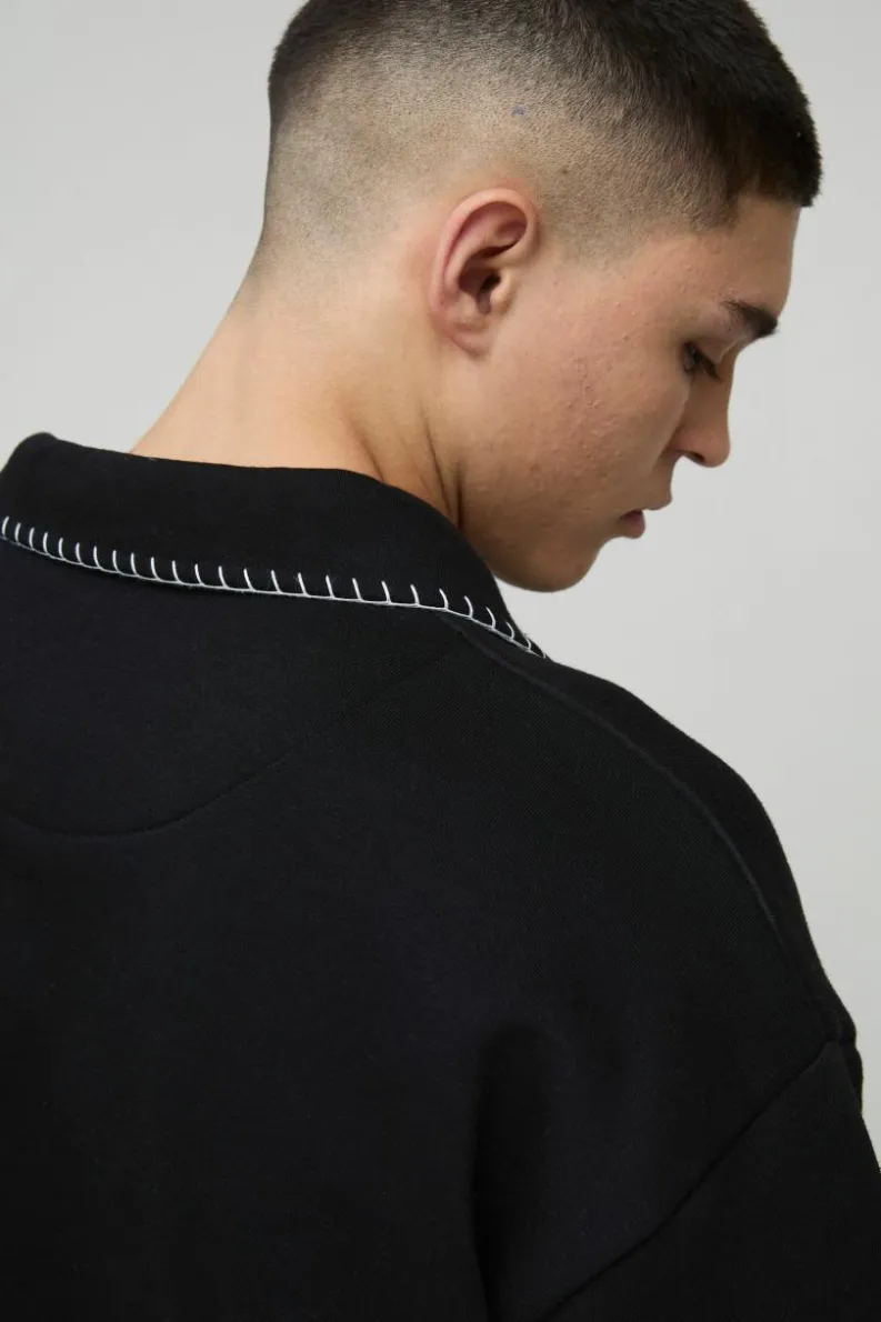 Outlet boohooMAN Oversized Boxy Revere Blanket Stitch Polo Sweatshirt black