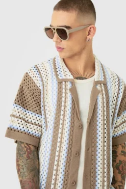 Hot boohooMAN Oversized Boxy Revere Open Knit Stripe Shirt blue