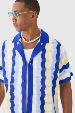 Best boohooMAN Oversized Boxy Revere Open Knit Stripe Shirt In blue