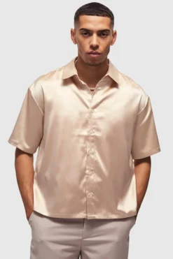 Outlet boohooMAN Oversized Boxy Satin Short Sleeve Shirt cream