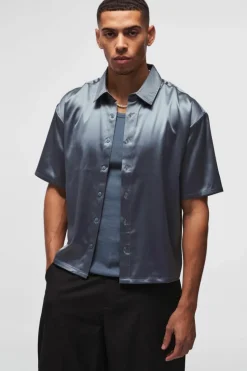 Flash Sale boohooMAN Oversized Boxy Satin Short Sleeve Shirt dusty blue
