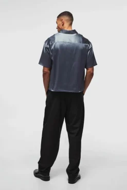 Flash Sale boohooMAN Oversized Boxy Satin Short Sleeve Shirt dusty blue